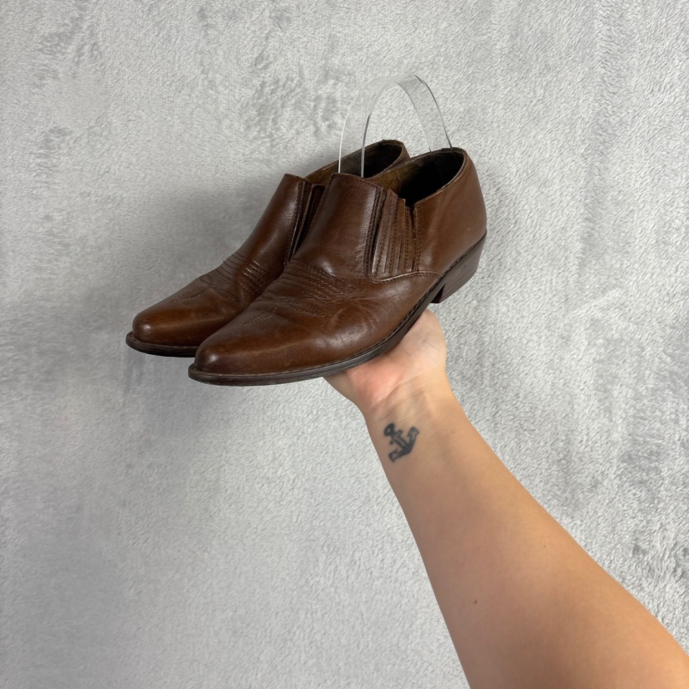 Vintage Passing Zone Brown Leather Western Pointed Toe Slip On Loafers 8.5